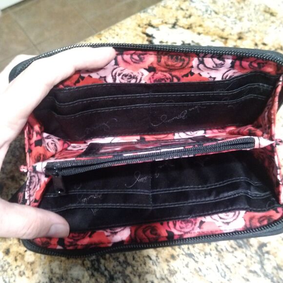 Vera Bradley Zip Around Wallet Havana Dots Floral Black Red/Pink - Picture 3 of 10